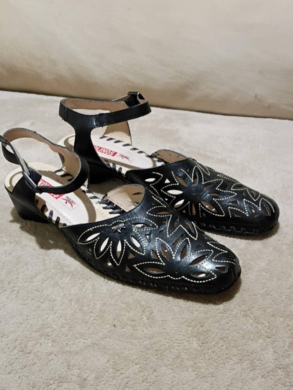 PIKOLINOS Black Floral Cutout Leather Slingback Mules